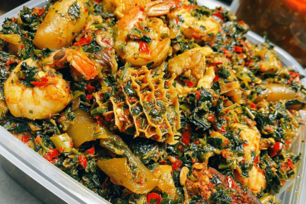 EFORIRO with chopped assorted meat and FRESH SHRIMP